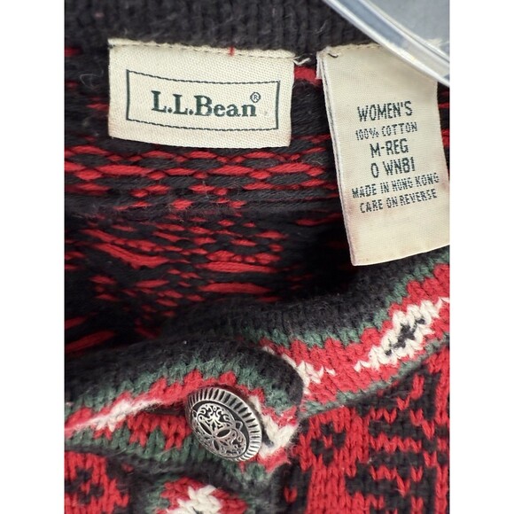 L.L. Bean Women’s Red Black Nordic Fair Isle Sweater Cardigan Cotton Size Medium - Picture 9 of 12